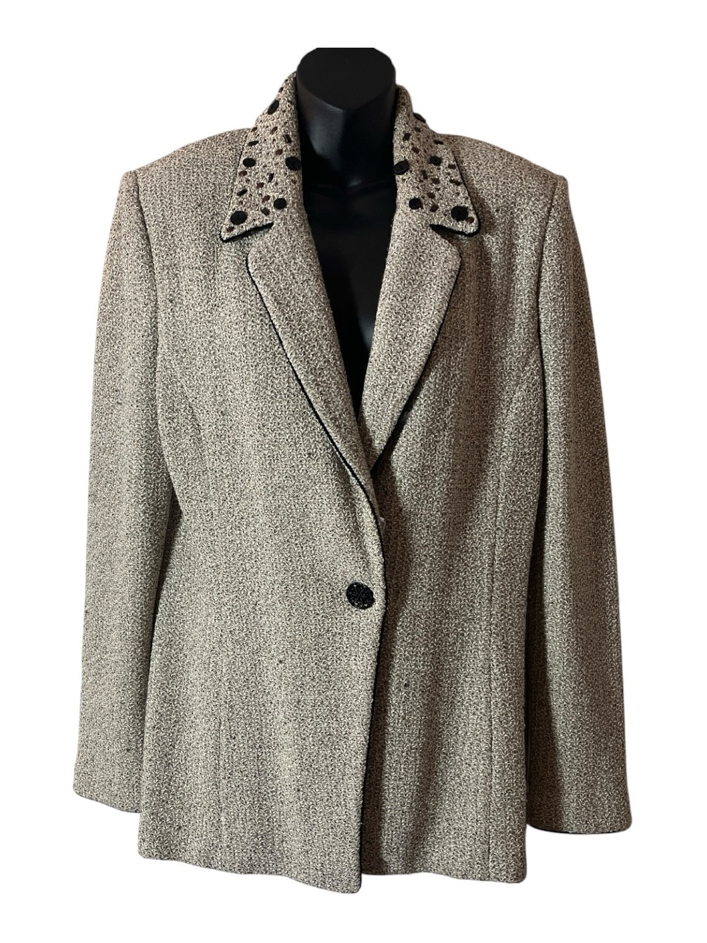 St. John Cream  One-Button Blazer with bead/ rhinestone/button knit jacket Sz 12